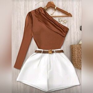 INAWLY Women Elegant Solid Color Asymmetrical Top And Shorts 2 Pieces Set